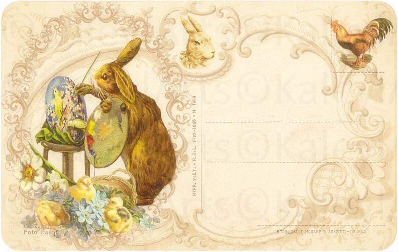 May include: A vintage postcard featuring a brown rabbit painting an Easter egg with a paintbrush. The rabbit is sitting on a stool with a palette of paints. The postcard has a decorative border with floral designs and a rooster in the upper right corner. The text "RIPR. VIET. R.D.L. 7-X1-1925-N 1800" is printed on the right side of the postcard.