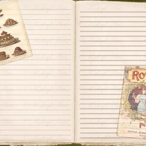 May include: An open vintage notebook with lined pages. The left page has a vintage illustration of different cakes and pastries. The right page has a vintage advertisement for Royal Baking Powder with a woman in a dress holding a bowl and a whisk.