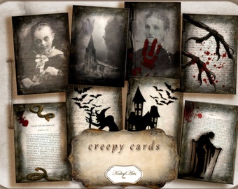 halloween spooky cards trading cards vintage invitation printable ATC B6 junk journal ephemera grimoire instant download