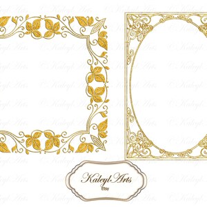 May include: Two gold ornate frames, one square and one oval, with a decorative leaf design. The frames are isolated on a white background.