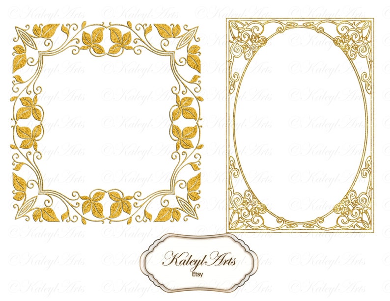 May include: Two gold ornate frames, one square and one oval, with a decorative leaf design. The frames are isolated on a white background.