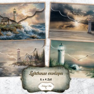 May include: Set of four lighthouse themed envelopes with a watercolor style design. Each envelope features a lighthouse with a seascape background. The envelopes are 6 inches by 4 inches.