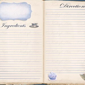 May include: A vintage-style recipe journal with blue and white illustrations. The left page has a blank space for ingredients and the right page has a blank space for directions. The words "Ingredients" and "Directions" are written in cursive.
