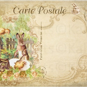 May include: A vintage postcard with a decorative border and a stamp. The front of the postcard features a rabbit, a chick, and a wheelbarrow with a chick inside. The text "Carte Postale" is printed at the top of the postcard.