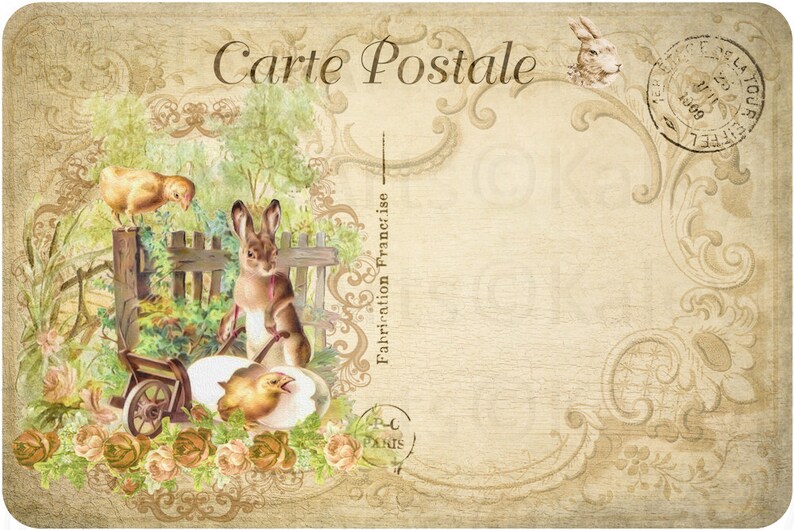 May include: A vintage postcard with a decorative border and a stamp. The front of the postcard features a rabbit, a chick, and a wheelbarrow with a chick inside. The text "Carte Postale" is printed at the top of the postcard.