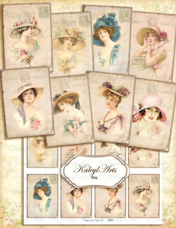 Printable beauty with hat vintage shabby chic B6 ATC | Etsy