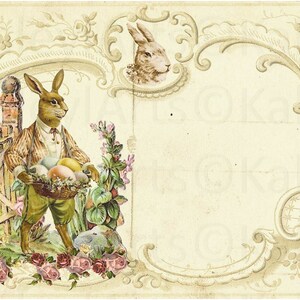 May include: An illustration of a rabbit holding a basket of Easter eggs. The rabbit is wearing a brown jacket and pants. The image is surrounded by a decorative border with flowers and vines.