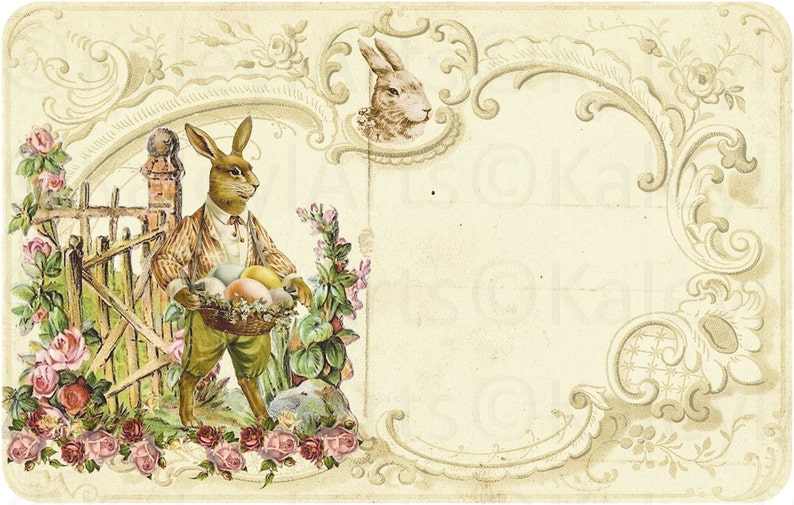 May include: An illustration of a rabbit holding a basket of Easter eggs. The rabbit is wearing a brown jacket and pants. The image is surrounded by a decorative border with flowers and vines.