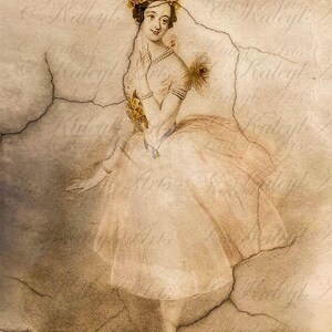 Pode incluir: Uma ilustra&ccedil;&atilde;o vintage de uma bailarina usando um vestido branco e uma coroa de flores. O fundo &eacute; uma parede bege rachada.