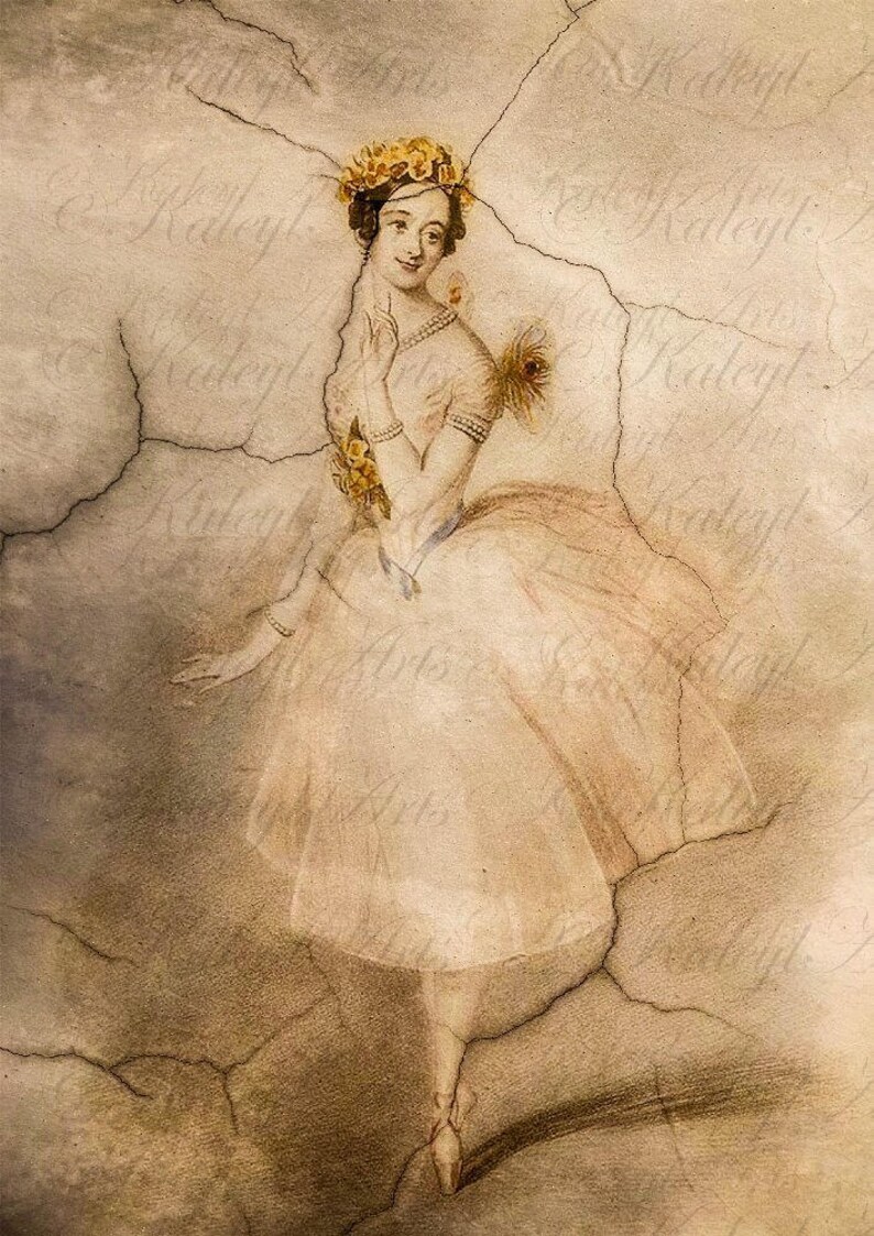 Pode incluir: Uma ilustra&ccedil;&atilde;o vintage de uma bailarina usando um vestido branco e uma coroa de flores. O fundo &eacute; uma parede bege rachada.