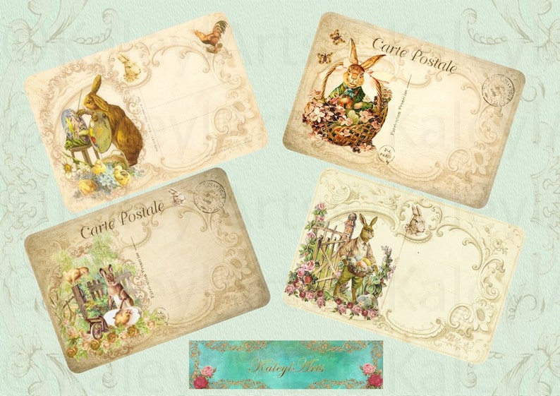 May include: Four vintage postcard designs featuring bunnies and floral accents. Each card has the text "Carte Postale" printed on it. The cards are perfect for adding a touch of vintage charm to your crafts and projects.