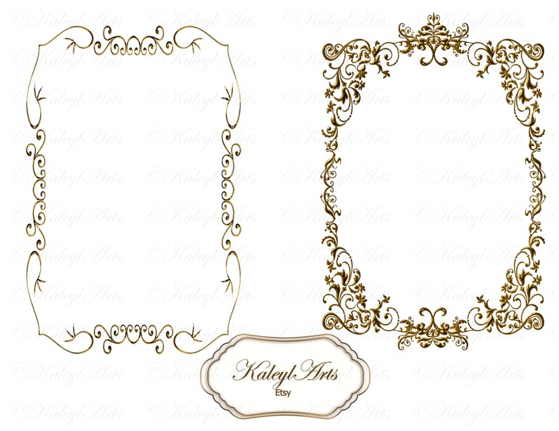 May include: Two ornate gold frames with intricate scrollwork designs. The frames are empty and ready to be used for a variety of purposes. The text "KaleyL Arts Etsy" is visible at the bottom of the image.
