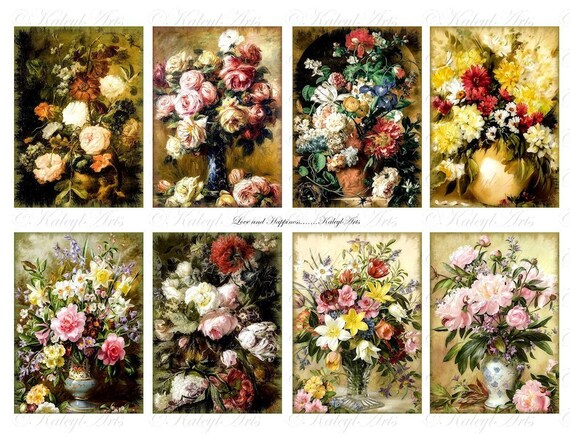 Flowers Bouquet Vintagepaintings Nostalgic Atc B6 Etsy