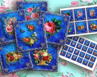 Blue Rose Printable square, Digital Collage Sheet,for magnets pendants greeting cards gift tags 9x9cm,4x4cm,3,5x3,3zoll,1,5x1,5zoll cabochon