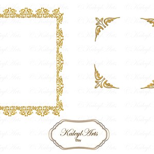 May include: A set of four gold ornate frame corners and a larger gold ornate frame. The corners and frame are in a decorative, vintage style.