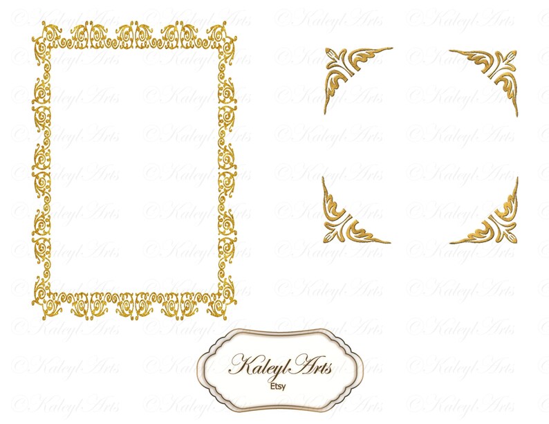 May include: A set of four gold ornate frame corners and a larger gold ornate frame. The corners and frame are in a decorative, vintage style.