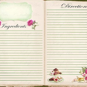 May include: An open vintage recipe book with lined pages for writing down ingredients and directions. The pages are decorated with green lines and pink roses. The book has a green and white cover with the words "Ingredients" and "Directions" written in black.
