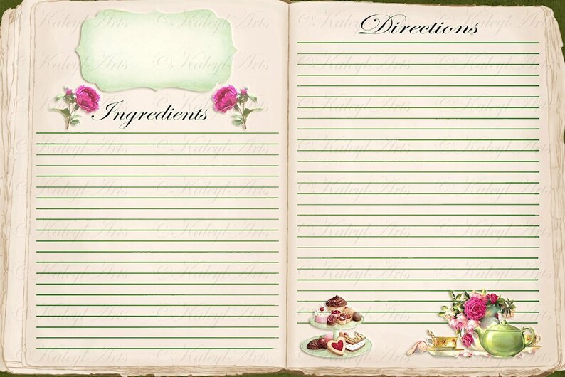 May include: An open vintage recipe book with lined pages for writing down ingredients and directions. The pages are decorated with green lines and pink roses. The book has a green and white cover with the words "Ingredients" and "Directions" written in black.