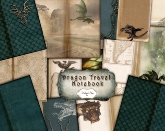 Dragon, fantasy, printable, journal, vintage, mystical, diary, travel, grimoire, pockets, tags, bookmarks, labels, junk journal