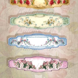 Könnte beinhalten: Vier Etiketten im Vintage-Stil mit floralen Designs. Die Etiketten sind in den Farben Rosa, Blau, Grün und Gelb gehalten. Jedes Etikett hat einen leeren Platz für Text. Die Etiketten sind perfekt, um Ihren Bastelarbeiten einen Hauch von Vintage-Charme zu verleihen.