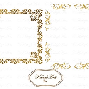 May include: Two gold ornate frames on a white background. The frame on the left is a square frame with a more intricate design. The frame on the right is a simple rectangular frame with a more delicate design. The text "KaleyL Arts Etsy" is at the bottom of the image.
