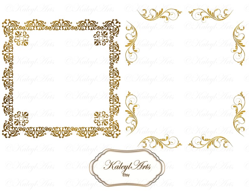 May include: Two gold ornate frames on a white background. The frame on the left is a square frame with a more intricate design. The frame on the right is a simple rectangular frame with a more delicate design. The text "KaleyL Arts Etsy" is at the bottom of the image.
