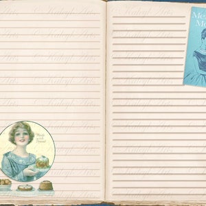 May include: An open notebook with lined pages. The left page has a vintage illustration of a woman holding a cake with the text "Made with Fresno". The right page has a blue and white card with the text "Memorable Moments in Baking".