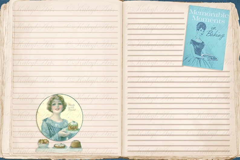 May include: An open notebook with lined pages. The left page has a vintage illustration of a woman holding a cake with the text "Made with Fresno". The right page has a blue and white card with the text "Memorable Moments in Baking".