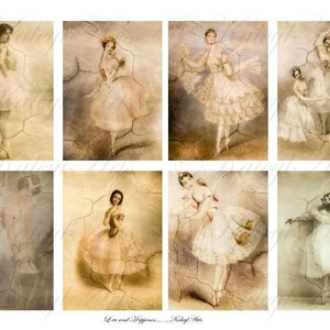 Pode incluir: Uma colagem de dez imagens em estilo vintage com bailarinas em v&aacute;rias poses. As imagens est&atilde;o sobre um fundo de superf&iacute;cie bege texturizada. Cada imagem apresenta uma bailarina com um tutu branco ou creme, com uma est&eacute;tica suave e desbotada.