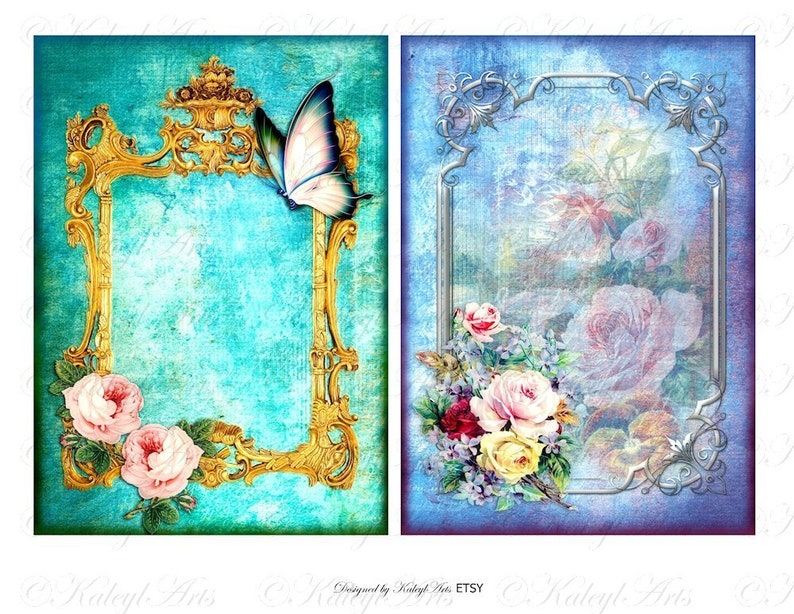 Printable Vintage Collage Frame, Floral, B6, ATC, Greeting Cards