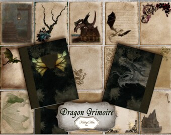 Dragon Grimoire, Book of Shadows, Dark Journal, Printable, Digital Images, Vintage, Shabby Chic, Pages, Templates, Halloween,  Diary