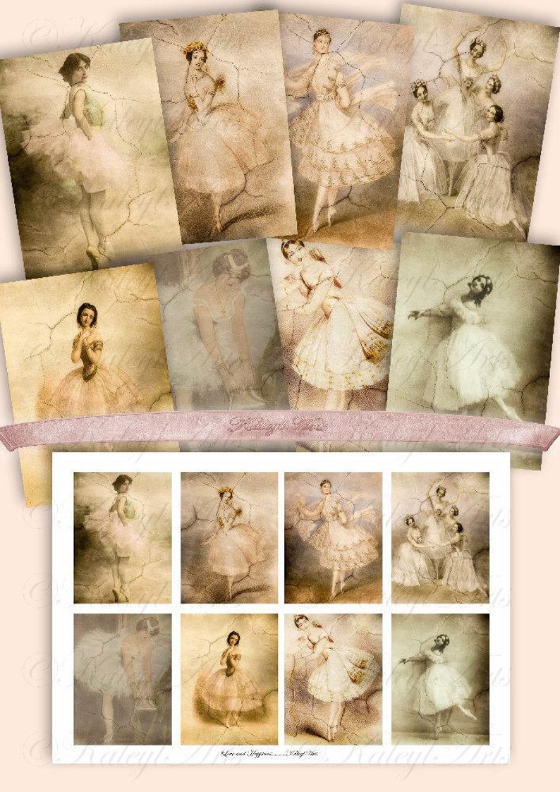 Pode incluir: Um conjunto de 12 imagens digitais de papel em estilo vintage com bailarinas em v&aacute;rias poses. As imagens t&ecirc;m um aspeto desgastado e envelhecido com um fundo texturizado rachado. As bailarinas usam tutus brancos e est&atilde;o sobre um fundo castanho claro.