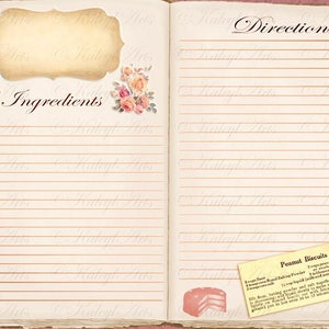 May include: An open vintage cookbook with a pink and white floral design. The left page has the heading "Ingredients" and the right page has the heading "Directions". A recipe card for "Peanut Biscuits" is visible on the right page.