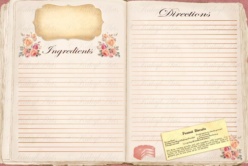 May include: An open vintage cookbook with a pink and white floral design. The left page has the heading "Ingredients" and the right page has the heading "Directions". A recipe card for "Peanut Biscuits" is visible on the right page.