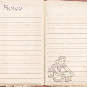 May include: An open vintage style notebook with lined pages. The notebook has the word "Notes" written in cursive at the top of the left page. A drawing of a girl in a dress and apron is on the right page, rolling out dough with a rolling pin.