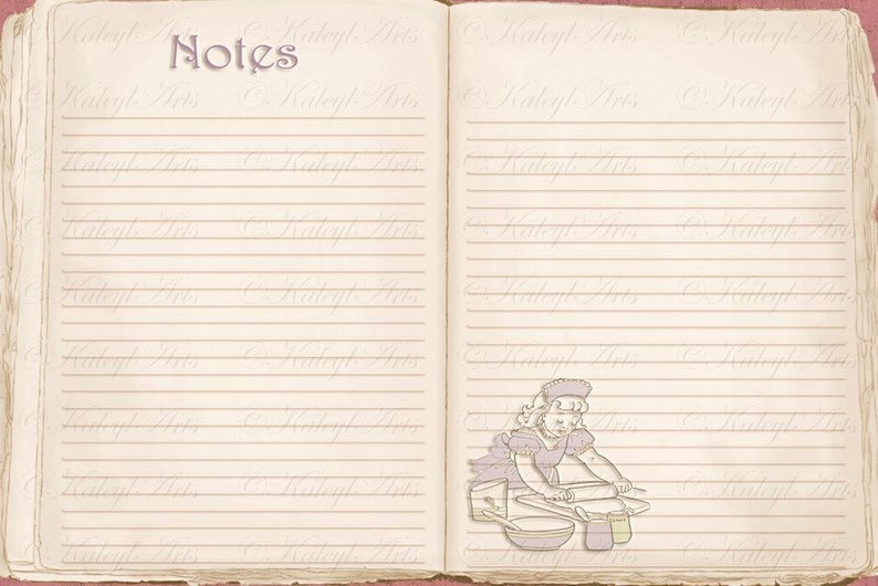 May include: An open vintage style notebook with lined pages. The notebook has the word "Notes" written in cursive at the top of the left page. A drawing of a girl in a dress and apron is on the right page, rolling out dough with a rolling pin.