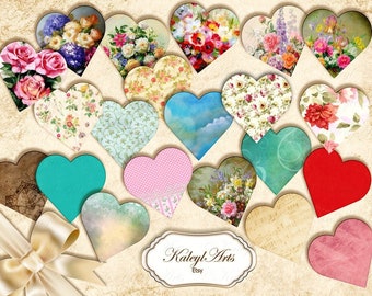 printable, vintage, collage sheet, small cards, heart, journal, romantic, scrapbook, gift tags, card making, ornament ,png,KaleylArts