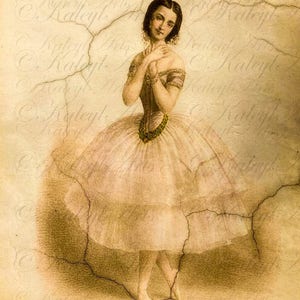Pode incluir: Uma ilustra&ccedil;&atilde;o vintage de uma bailarina em um tutu branco com uma faixa verde e um delicado padr&atilde;o floral. A bailarina est&aacute; de p&eacute; com as m&atilde;os juntas na frente dela, e sua express&atilde;o &eacute; serena. O fundo &eacute; um papel texturizado desbotado com uma apar&ecirc;ncia rachada.
