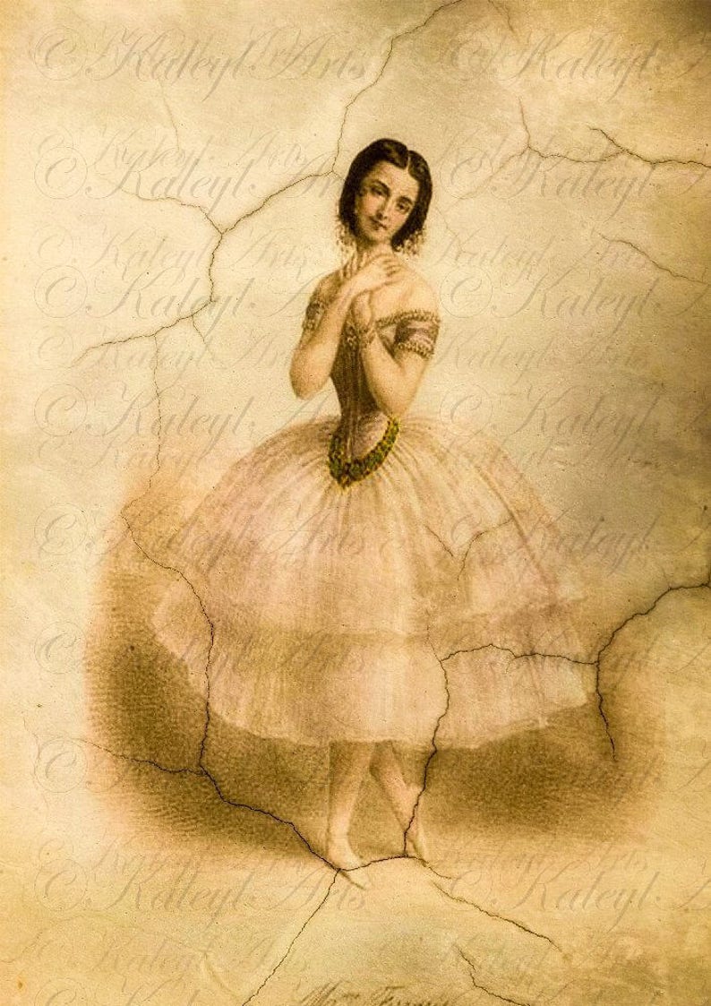 Pode incluir: Uma ilustra&ccedil;&atilde;o vintage de uma bailarina em um tutu branco com uma faixa verde e um delicado padr&atilde;o floral. A bailarina est&aacute; de p&eacute; com as m&atilde;os juntas na frente dela, e sua express&atilde;o &eacute; serena. O fundo &eacute; um papel texturizado desbotado com uma apar&ecirc;ncia rachada.
