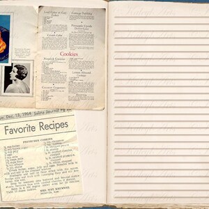 May include: An open vintage cookbook with a recipe for Peach Shortcake and a newspaper clipping with the headline "Favorite Recipes" and a recipe for "Peditcarck Corn". The cookbook has a blue cover and lined pages.