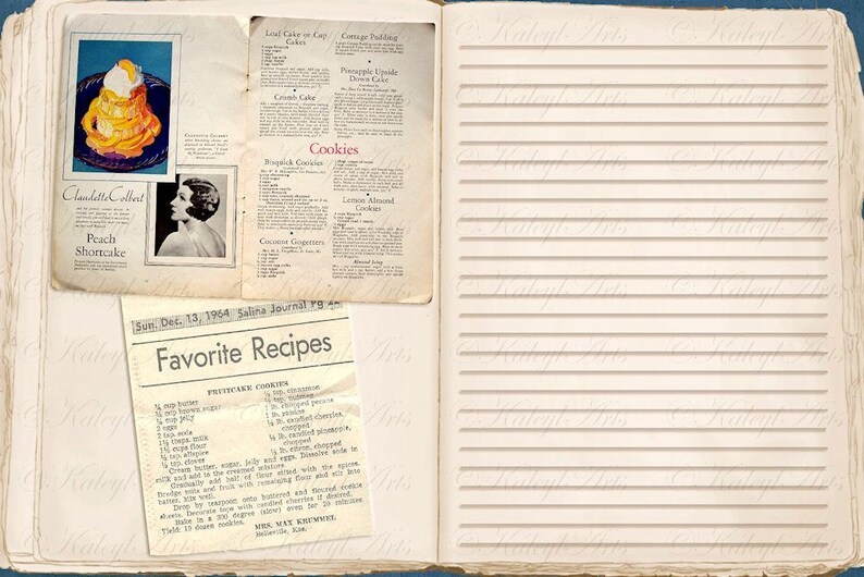 May include: An open vintage cookbook with a recipe for Peach Shortcake and a newspaper clipping with the headline "Favorite Recipes" and a recipe for "Peditcarck Corn". The cookbook has a blue cover and lined pages.