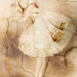 Pode incluir: Uma ilustra&ccedil;&atilde;o vintage de uma bailarina vestindo um vestido branco com detalhes dourados. A bailarina est&aacute; na ponta dos p&eacute;s e segurando um arco na m&atilde;o. O fundo &eacute; uma superf&iacute;cie bege texturizada com rachaduras.