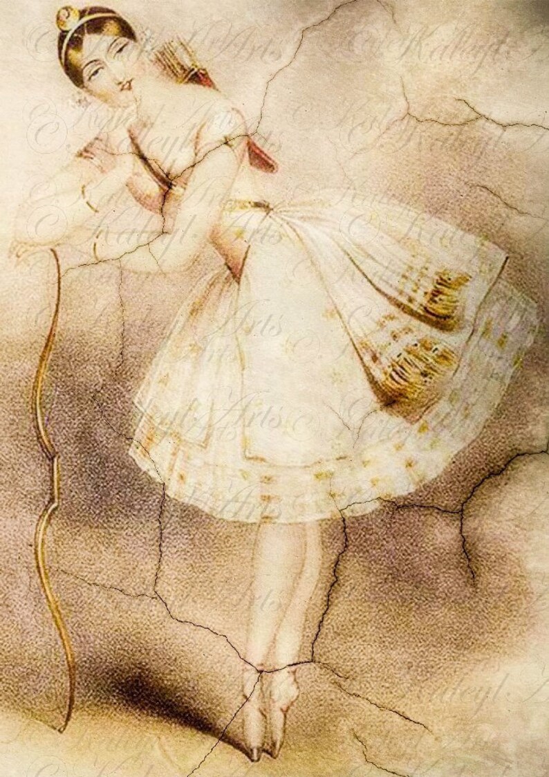 Pode incluir: Uma ilustra&ccedil;&atilde;o vintage de uma bailarina vestindo um vestido branco com detalhes dourados. A bailarina est&aacute; na ponta dos p&eacute;s e segurando um arco na m&atilde;o. O fundo &eacute; uma superf&iacute;cie bege texturizada com rachaduras.
