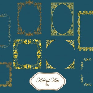 May include: Set of ten gold ornate frames with various designs. The frames are on a teal background. The text "KaleyL Arts Etsy" is in the bottom center of the image.