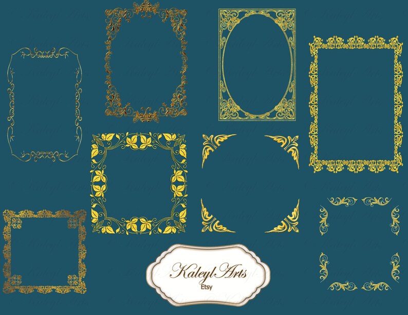 May include: Set of ten gold ornate frames with various designs. The frames are on a teal background. The text "KaleyL Arts Etsy" is in the bottom center of the image.