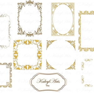 May include: Set of ten gold ornate frames with various designs, including square, oval, and rectangular shapes. The frames are perfect for adding a touch of elegance to any project.
