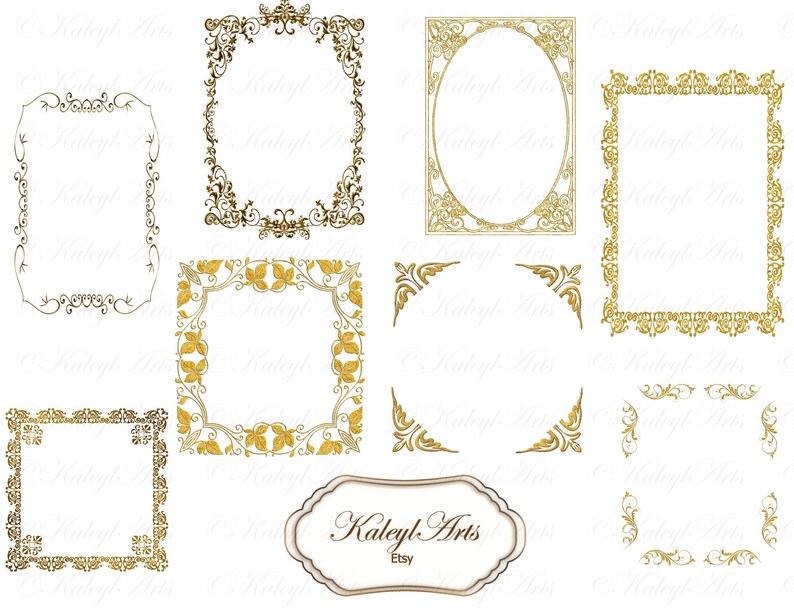 May include: Set of ten gold ornate frames with various designs, including square, oval, and rectangular shapes. The frames are perfect for adding a touch of elegance to any project.