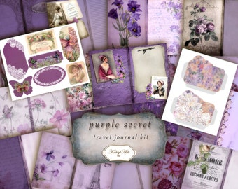 purple secret,journal,printable,travel,notebook,junk journal,diary,with embellishments,vintage,scrapbook,ephemera,pages,KaleylArts