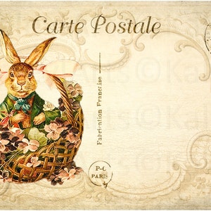 May include: Vintage postcard featuring a brown rabbit wearing a green jacket and a pink bow, sitting in a wicker basket filled with purple and white flowers. The postcard has the text "Carte Postale" and "Fabrication Fran&ccedil;aise" printed on it.