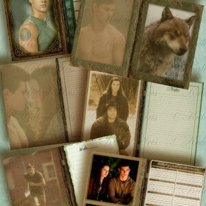 May include: A set of vintage-style journals with brown paper covers and decorative edges. The journals feature images of a wolf, a man, and a couple. The journals have lined pages for writing and sections for notes, to-do lists, and birthdays.